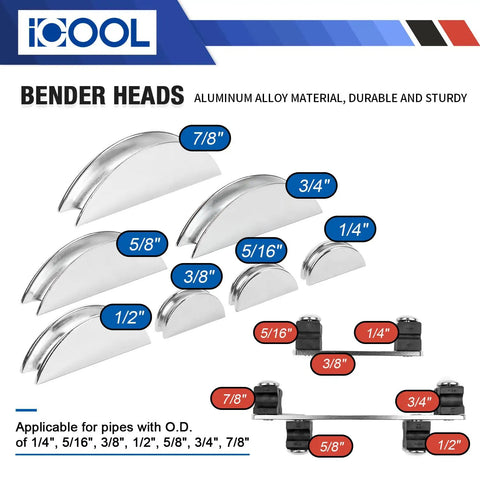 Display of seven aluminum bender heads for Tubing Bender Kit With Seven Exchangeable Heads One Quarter To Seven Eighths Inch