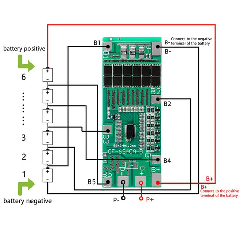 Heavy Duty 3 Pack 6S 24V 18650 Lithium Battery BMS Board wiring diagram showing battery connections and terminals.