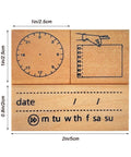 Top Shelf Wooden Stamp Set Featuring Date Time Notes Stamps For Crafting Journaling Planner Organization Durable Natural Wood And Rubber Design Super Slick Ink Application Killer Combo showing clock, date, and memo stamps.