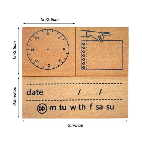 Top Shelf Wooden Stamp Set Featuring Date Time Notes Stamps For Crafting Journaling Planner Organization Durable Natural Wood And Rubber Design Super Slick Ink Application Killer Combo showing clock, date, and memo stamps.
