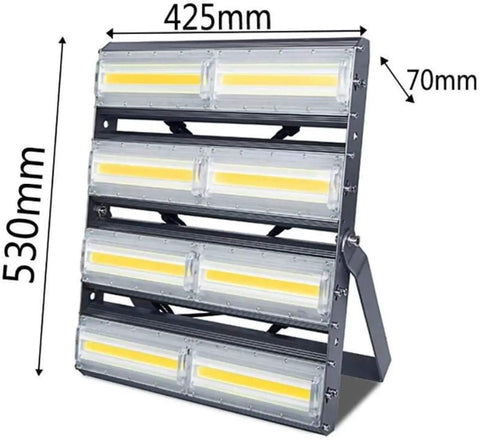 Beast Mode 1000W LED Flood Light With IP65 Outdoor Waterproof Rating For Super Bright Garage And Driveway Lighting Built Tough Like Nails With Fifty Thousand Hour Lifespan Drip Proof Spotlight All Day Long side view with dimensions 425mm x 530mm x 70mm.
