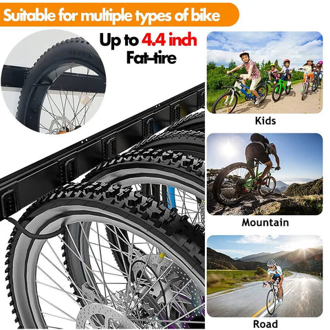Six Bike Wall Mount Storage Rack With Interlocking Rails And Easy Snap Hooks displayed with different bike types