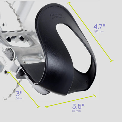 Wide opening toe clips for bike pedals, durable nylon, with size dimensions 4.7"x3"x3.5" shown.
