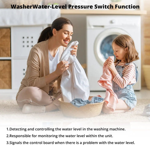 Mother and child doing laundry illustrating Washer Water Level Pressure Switch Replacement for Whirlpool and Maytag Models.