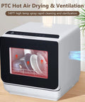 Lightweight Portable Countertop Dishwasher With Dual Water Modes And Five Custom Cycles, showing dishes inside with hot air drying.
