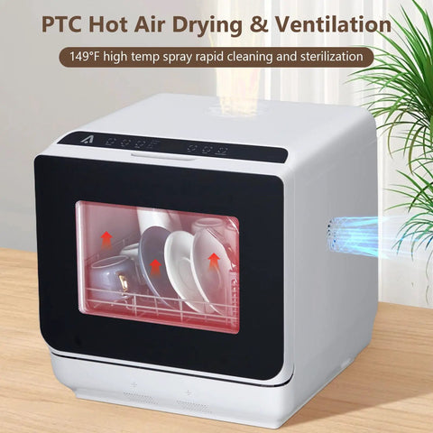 Lightweight Portable Countertop Dishwasher With Dual Water Modes And Five Custom Cycles, showing dishes inside with hot air drying.