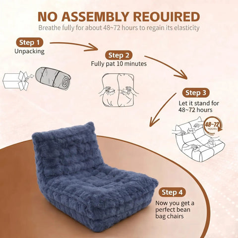 Dark grey Faux Fur Memory Foam Bean Bag Chair With Filler shown with no assembly required steps