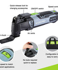 Built Different Professional Grade Corded Oscillating Multi Tool With Rock Solid 3 Amp Motor features a quick-release lock and speed controller.
