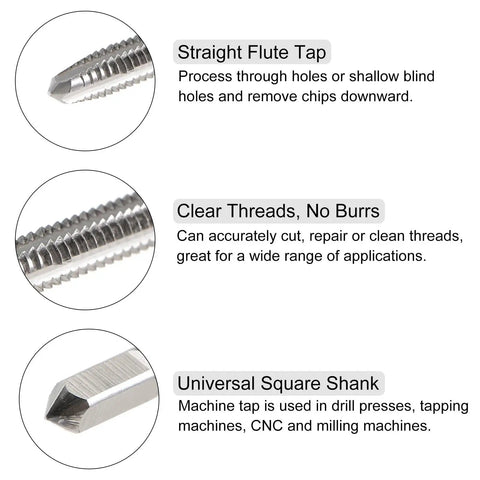 3 Piece Tap And Die Set For 4-40 UNC Threads Handy Tapping And Thread Repair Kit showing flute tap, thread cut, and square shank