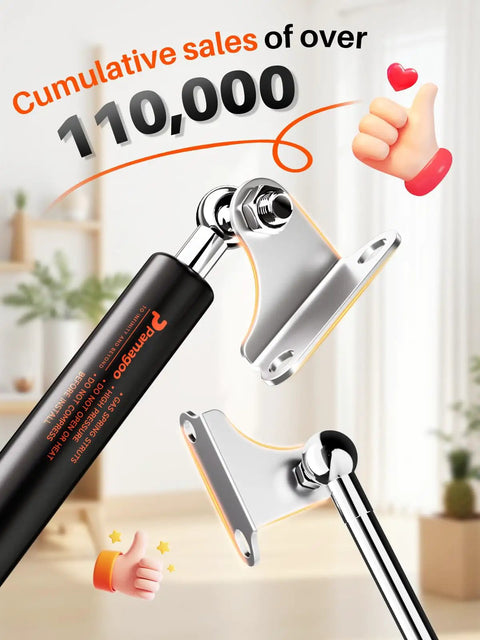 Beefy 17 Inch Gas Strut Set 35 lb lift with L-type mounts, showcasing product design and structure in home setting.
