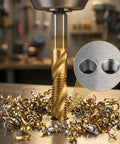 Close-up of Six Piece Metric Drill And Tap Set M3 To M10 with titanium coated carbon steel bits in action on metal surface.