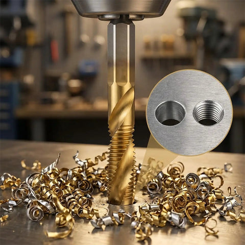 Close-up of Six Piece Metric Drill And Tap Set M3 To M10 with titanium coated carbon steel bits in action on metal surface.