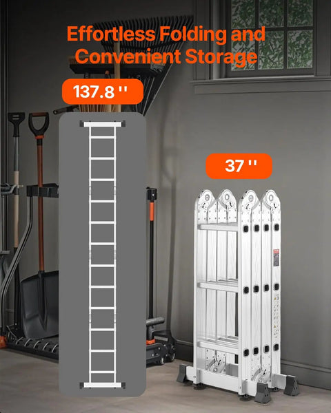 All In One 7 In 1 Folding Ladder For Home And Outdoor Use Telescoping A Frame To 12 Ft Reach With 3 Steps Adjustable Extension Platform Or Straight Config Heavy Duty 330 Lb Capacity For Cleaning Painting Gardening And Car Care, folded 37 in aluminum ladder