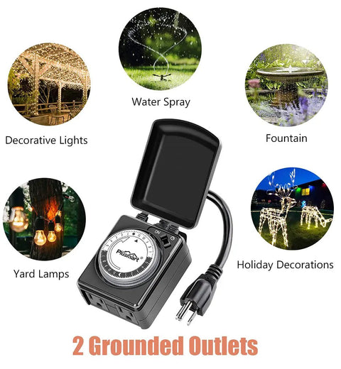 Outdoor Light Timer With Dual Outlets Waterproof 24 Hour Programmable Mechanical Timer Plug In 6 Inch Extension Cord Half HP ETL Listed Daily Repeat 15 Minute Intervals For Holiday Lights And Patio Decor