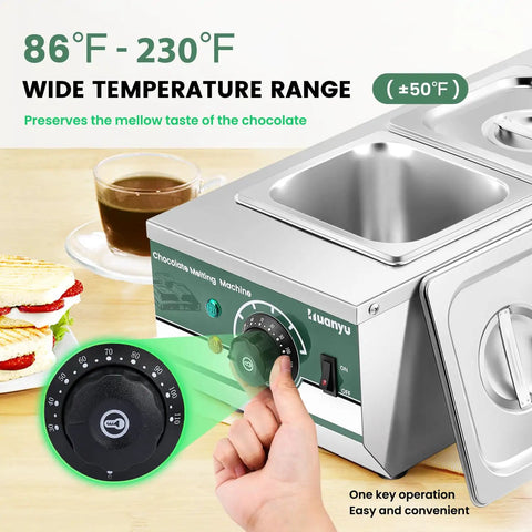 Dual Pot Chocolate Tempering Machine With 86 To 230 F Range, 800W Commercial Chocolate Melter, stainless steel knob adjustment
