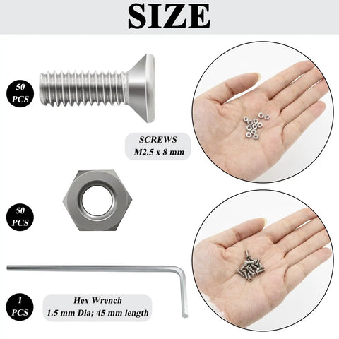 50 Sets D Series Panel Mount Screws And Nuts With Hex Wrench M2.5 X 8 mm Stainless Steel Rack Hardware showing screws, nuts, and hex wrench.