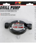 Drill Pump Liquid Transfer Kit for 1200+ RPM Drills, showing self-priming pump, garden hose threads, and package details.