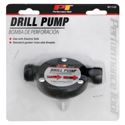 Drill Pump Liquid Transfer Kit for 1200+ RPM Drills, showing self-priming pump, garden hose threads, and package details.