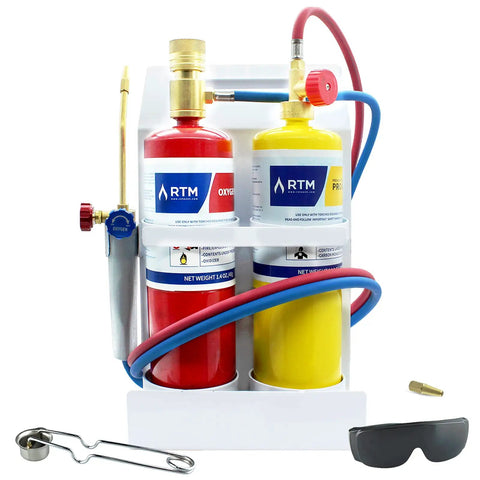 Oxygen MAPP Pro Grade Torch Kit With Portable Cylinder Stand For Soldering And Brazing, HVAC, includes cylinders, torch, glasses.