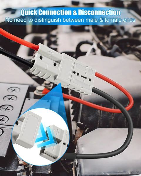 Beefed Up 50A 7AWG Connector Kit For 12V/24V Systems, 1 Meter Lead, 600V DC Max, Minus 20C To 105C Temperature Range, Flame Retardant PC Housing, Built Tough For Auto, Marine, And DIY Electrical Projects