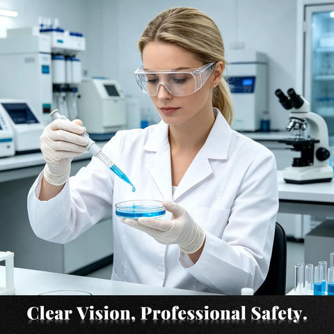 Snap Right On High Definition Safety Glasses Fit Over Prescription Glasses Lightweight Wide Vision Protective Eyewear For Lab Work, a woman using a pipette.