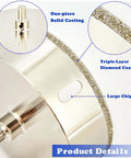 Close-up of 4.5-inch diamond hole saw with pilot bit; features one-piece solid casting and triple-layer coating