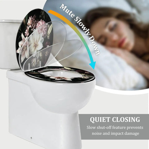 Toilet Seat Elongated Resin for Bathroom with floral design, features quiet closing mechanism, fits standard toilets.