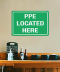 Mandatory PPE Safety Gear Storage Location Sign for Outdoor Use 8x12 Weatherproof Aluminum Plate on wall above shelf
