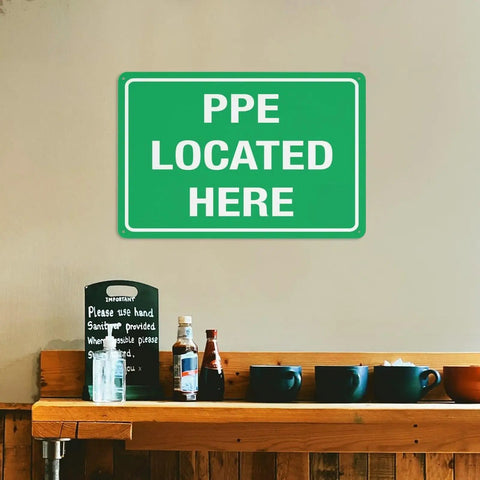 Built Tough PPE Storage Warning Sign 8 By 12 Inch Outdoor Aluminum Safety Marker Job Site Ready Weatherproof Plate on wall.