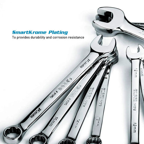 Combination Wrench Set With Mechanic's Tray, Metric 6 To 24 Mm, 19-Piece Pro Grade Chrome Vanadium, High Torque Ready, close-up of wrenches