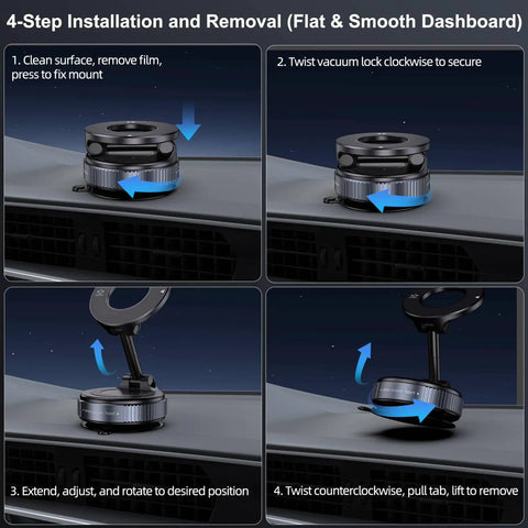 Vacuum Magnetic Car Phone Holder For MagSafe Hands Free 360 Degree Rotatable Mount installation on smooth dashboard in steps
