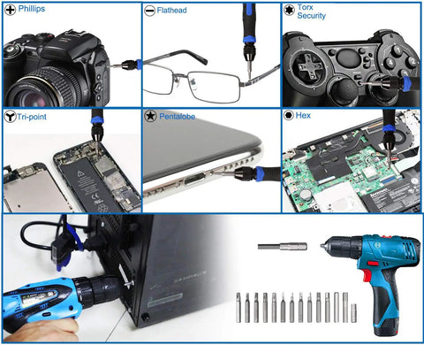 136 In 1 Electronics Repair Tool Kit With Magnetic Drive Bits used on camera, phone, laptop, game controller, and glasses.