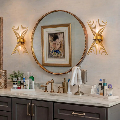Gold Starburst Wall Sconce Vanity Light With Two Bulbs For Bathroom Hallway And Bedroom Mid Century Modern Indoor Lighting Vintage Style Wall Lamp Dope Vibe Home Decor 11 By 4.7 By 15.8 Inches