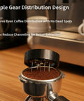 Premium Wdt Tool For Espresso Coffee Distribution Featuring Ten Stainless Steel Needles And Triple Gear Spinner with coffee grounds in portafilter.