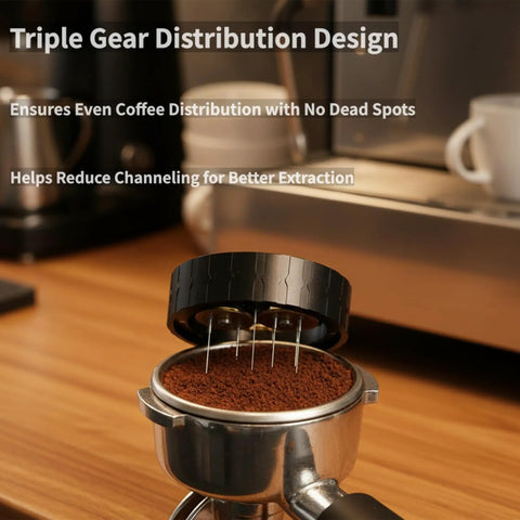 Premium Wdt Tool For Espresso Coffee Distribution Featuring Ten Stainless Steel Needles And Triple Gear Spinner with coffee grounds in portafilter.