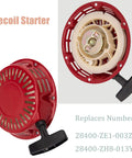 Red recoil starter for GX160 GX200 carburetor kit, showing front and rear views. Fits GX120 to GX200 engines, part numbers 28400-ZE1-003ZF.