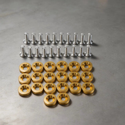 M6 Hex Head Bolt Screw Kit With Aluminum Washers For Fender, Bumper, Headlight And Trunk Mounts, 20 Piece Set, CNC Machined 6061 Aluminum Golden Finish, Engine Bay Ready, Heavy Duty Vibration Resistant Auto Body Fasteners, silver bolts and gold washers