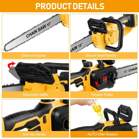 Cordless 12 Inch Mini Chainsaw Tool Only For 20V Max Batteries Brushless Handheld Chainsaw With Auto Oiler And Safety Lock Easy Yard Work For Wood Cutting And Tree Pruning Battery Not Included, showing product details including chain guide, handle, baffle, tension pulley, anti-slip handle, and auto oiler.