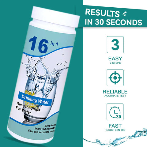 Big Time 16 In 1 Drinking Water Testing Kit With 100 Rapid Test Strips For Household Faucets And Wells Fast Read On Lead Copper Chlorine Ph And Hardness, showing test strips container.