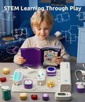 Hands On Circuit Building Kit For Kids With 120 Plus Projects, STEM Toys For Ages 8 To 13, Learn Electronics, Build Real Circuits, Kid Friendly And Absolutely Awesome STEM Activities That Grow With Your Child. Child reading circuit kit with snap-together parts on table