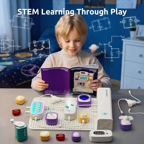 Hands On Circuit Building Kit For Kids With 120 Plus Projects, STEM Toys For Ages 8 To 13, Learn Electronics, Build Real Circuits, Kid Friendly And Absolutely Awesome STEM Activities That Grow With Your Child. Child reading circuit kit with snap-together parts on table