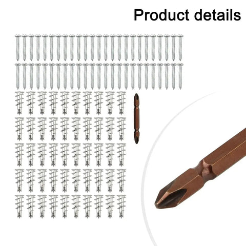 Tool Free Self Drilling Drywall Anchors Kit 100 Pcs Zinc Hollow Wall Anchors with Screws and driver bit shown in detail