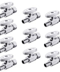 Pack Of Ten Quarter Turn Straight Stop Valves For PEX Tubing Three Eighths Inch OD Compression To One Half Inch Crimp Barb Brass Chrome Lead Free
