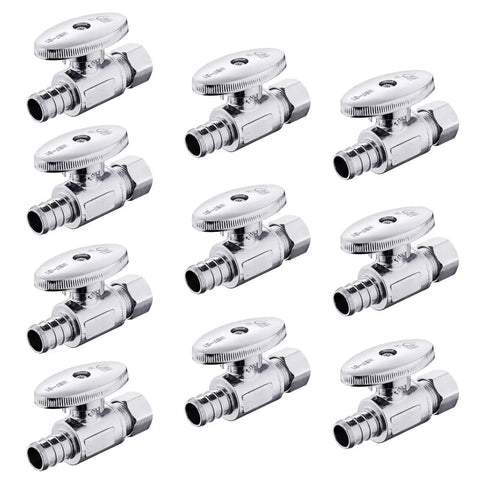 Pack Of Ten Quarter Turn Straight Stop Valves For PEX Tubing Three Eighths Inch OD Compression To One Half Inch Crimp Barb Brass Chrome Lead Free
