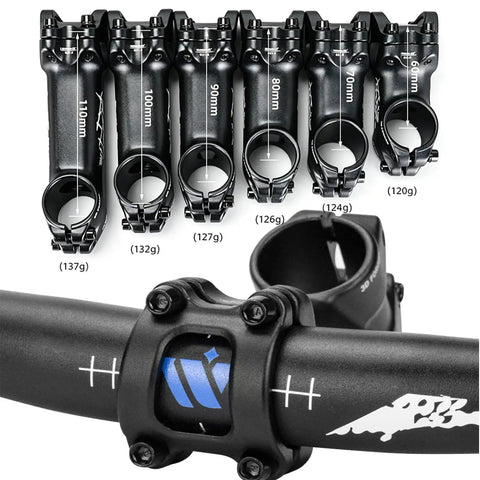 Six sizes of black bike stems, 110mm to 60mm, next to Dope Bike Stem For MTB E-Bike And Road Bikes, 31.8mm handlebar fit