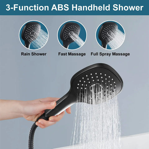 3-Function ABS handheld shower head in matte black design, part of the Matte Black Rain Shower System With Wall Mount, 8 Inch Square High Pressure Rain Shower Head, ABS 3-Function Handheld Sprayer, Rough-In Valve Body And Trim Included, Mixer Combo Set Easy DIY Install.