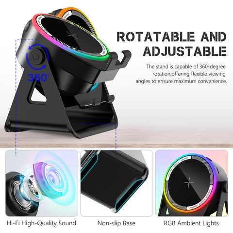 Wireless Induction Speaker Stand With Five In One Bluetooth Five Point Three, 360 Degree Rotation, RGB Ambient Light, Hands Free Gadget Gift For Men Women Dad Mom, Compatible With iPhone Android iPad Samsung showcasing 360 rotation and RGB lights.