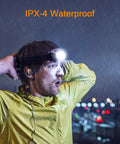 Man wearing Two Pack Rechargeable Headlamp With 500 Lumens, Red Light Mode, in rain, highlighting waterproof feature.