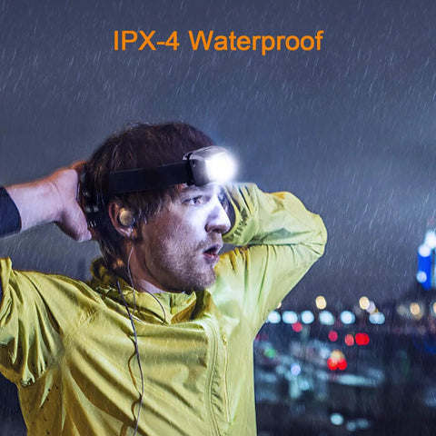Man wearing Two Pack Rechargeable Headlamp With 500 Lumens, Red Light Mode, in rain, highlighting waterproof feature.
