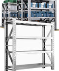 Heavy Duty Garage Shelving Unit, 78 Inch Adjustable 4 Tier Stainless Steel Storage Rack showing shelves and tools, sturdy design.